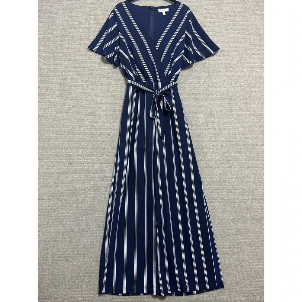 Monteau Jumpsuit Womens Large Striped Wide Leg Belted Short Sleeve One‎ Piece